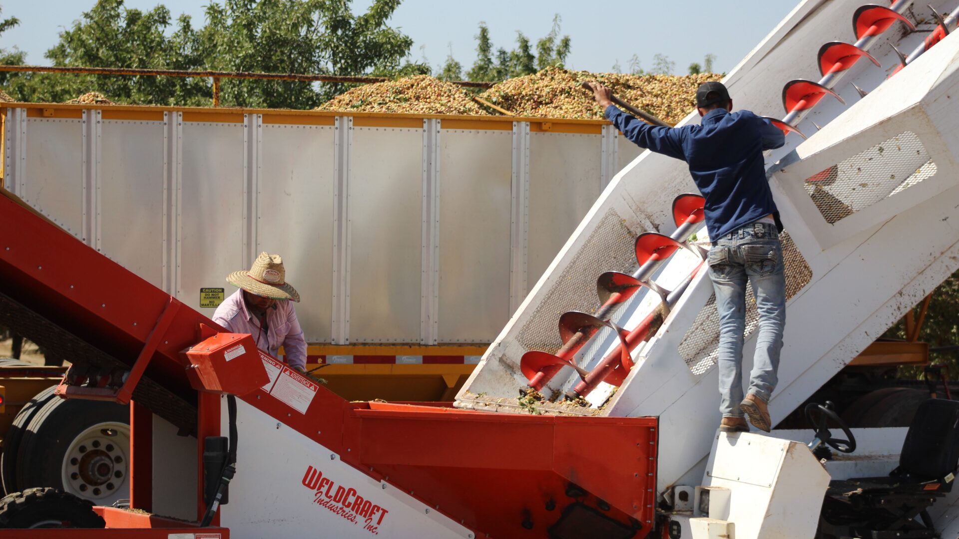 Shipping containers move through a California port facility