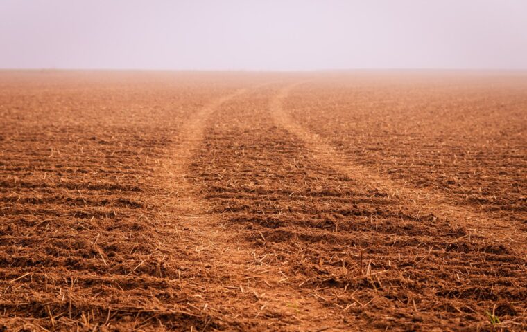Tractor tracks curve across a dry, freshly tilled California field stretching to a hazy horizon